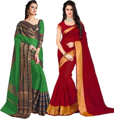 BAPS Self Design, Striped, Woven, Embellished, Solid/Plain Bollywood Cotton Blend, Art Silk Saree(Pack of 2, Red, Green)