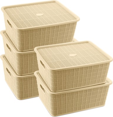 Selvel Polypropylene Multipurpose Large Storage Baskets/Boxes Pack of 5 with Lid for Kitchen & Home Storage Basket(Pack of 5)