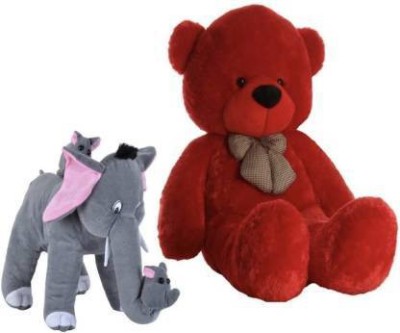 True Basket Stuffed Cream Hug-able Teddy Bear With Cute Mother Elephant And Her Baby Elephants - 90 cm (Red)  - 90 cm(Red)