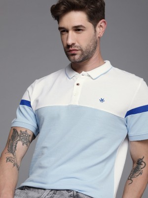 WROGN Colorblock Men Polo Neck Light Blue, White T-Shirt