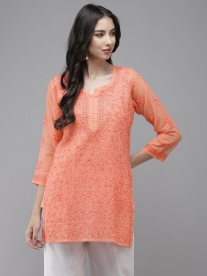 ada Women Chikan Embroidery Straight Kurta(Orange)