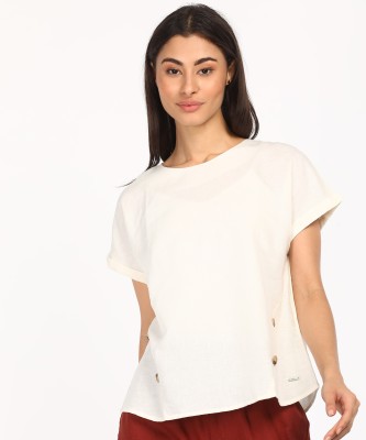 Pepe Jeans Casual Short Sleeve Solid Women Beige Top