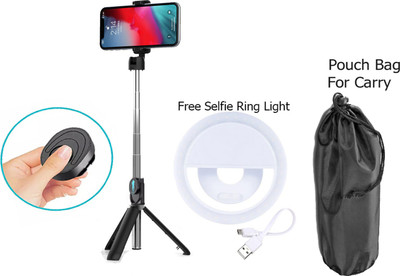 POZUB Best Buy Portable & Foldable 3IN1 MULTI-PURPOSE SELFIE STICK TRIPOD + LED SELFIE RING LIGHT + DUSTPROOF BAG Detachable Bt Remote Control Bracket Tripod Handheld Selfie Stick Holder Action Camera Stand in Gimbal Stabilizer, |in mobile holder With Mobile Clip Holder & BT Remote Extendable Monopo