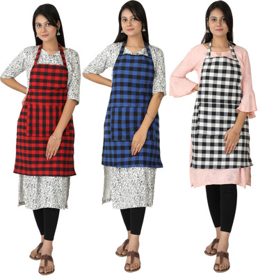 Syntus Cotton Chef's Apron - Free Size(Red, Blue, White, Pack of 3)