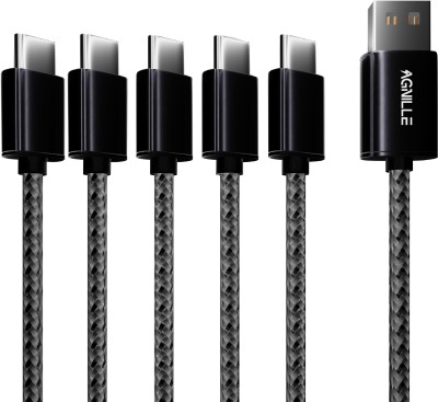 Agnille USB Type C Cable 2 m USB Type-C Braided 3.1A Fast Charging & Data Cable for all C Port Android Device(Compatible with Mobile, Laptop, Speakers, Computer, Power Banks, etc, Black, Pack of: 5)