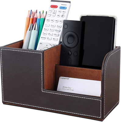zeals 3 Compartments faux leather Desk Pen Pencil Holder Office Stationery Storage Box Business Cards/Mobile Phone/Remote Control Holder Desktop Accessories Organizer(Brown)