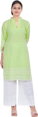MyTrendzs Women Chikan Embroidery Straight Kurta(Light Green)