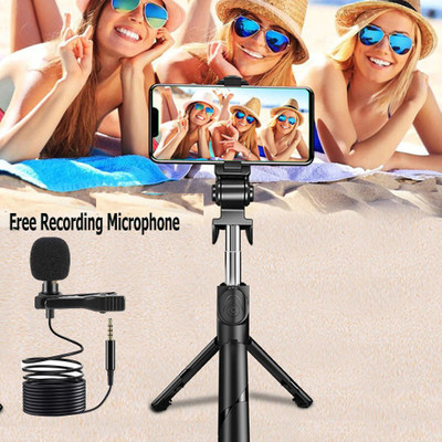 POZUB High Quality 3in1 Multi-Purpose Selfie Stick Tripod with Detachable Bt Remote Control + Lapel 3.5mm Collar Microphone wired mic plug & play condenser Lavalier microphone For Voice Recording Microphone Gaming Sound Recording Studio Recording Action Camera Stand in Gimbal Stabilizer, |in tripodm