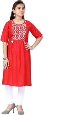 MUHURATAM Girls Embroidered A-line Kurta(Red)