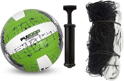 HASS Pu-Green Volleyball Kit With Nylon Net & pump Volleyball - Size: 4(Standard, Pack of 3, Green, White)