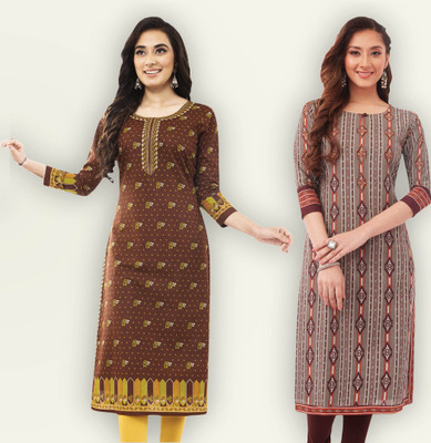 Jevi Prints Women Floral Print Straight Kurta(Brown, Grey)