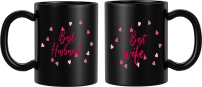 BLISSart Best Husband Wife Love Multicolour or Tea/Milk Cup Best Gift For girls men Husband Wife (350ml or 11Oz; Black) - Set of 2 Ceramic Coffee Mug(350 ml, Pack of 2)