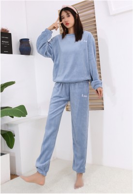 Cut Style Clothing Women Solid Blue Night Suit Set