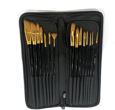 Design connection 12 pcs Professional Nylon Painting Pens Wooden pole Acrylic Oil Watercolor Artist Paint Brush Set With Carry Beg(Black, Golden)