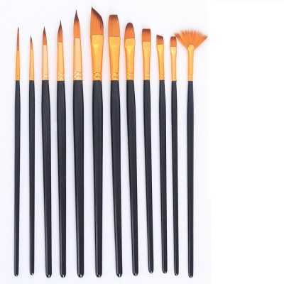 Design connection 12 pcs Professional Nylon Painting Pens Wooden pole Acrylic Oil Watercolor Artist Paint Brush Set ( Color_Black & Golden)(Black, Golden)