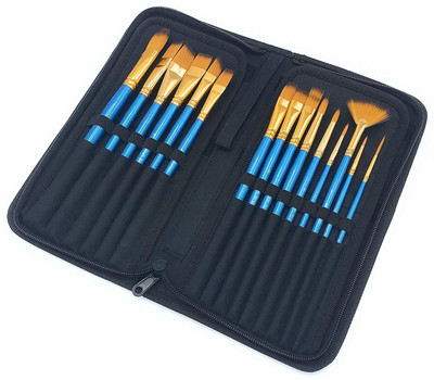 Design connection 12pcs Professional Nylon Painting Pens Wooden pole Acrylic Oil Watercolor Artist Paint Brush Set With Brush Bag (Color_Blue and Golden)(Blue, Golden)