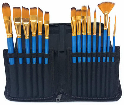 Design connection 12pcs Professional Nylon Painting Pens Wooden pole Acrylic Oil Watercolor Artist Paint Brush Set With Brush Bag (Color_Blue and Gold)(Blue, Golden)