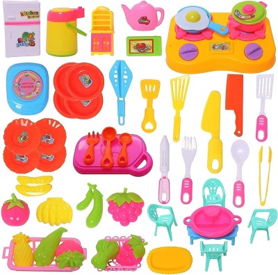 Galactic Little Chef Cookware, Plastic Kitchen Set Toy, Cooking Set with Dining Table Chair Combo Items, Kitchen Set Toy with Accessories for Kids 50 Pcs Multi color