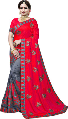 sadgun creation Embroidered, Embellished Bollywood Silk Blend Saree(Red, Grey)