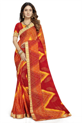 Kanooda Prints Polka Print Bandhani Georgette Saree(Red)
