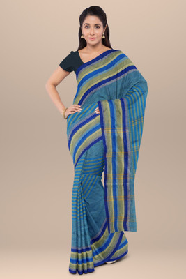 Bong ButiQ Striped Handloom Cotton Blend Saree(Blue)