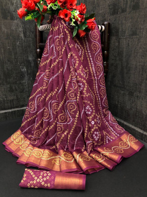 Suntex Printed Bandhani Cotton Silk Saree(Purple)