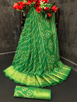 NAAGMANI CREATION Geometric Print Bandhani Cotton Silk Saree(Green)