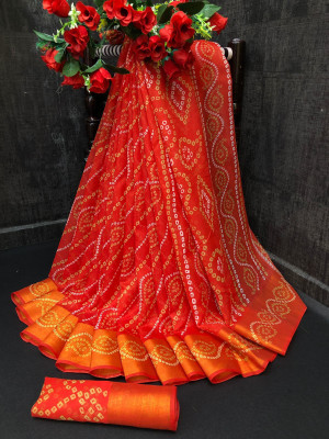 NAAGMANI CREATION Geometric Print Bandhani Cotton Silk Saree(Red)