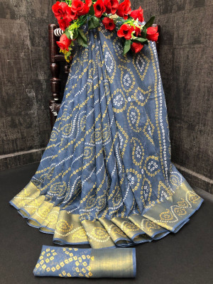 hirva fashion Floral Print Bandhani Cotton Silk Saree(Grey)
