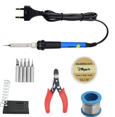 Hillgrove 5in1 Professional Mobile Soldering Iron Equipment Tool Machine Combo Kit Set with Flux Paste and Wire 60 W Temperature Controlled(Conical, Flat, Pointed, Round Tip)