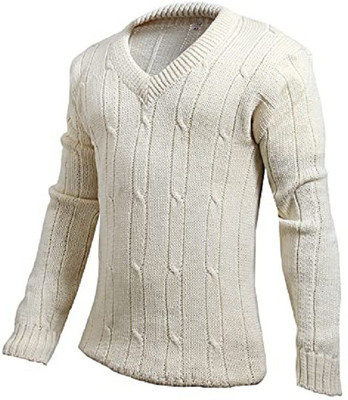 CW Self Design V Neck Casual Men White Sweater