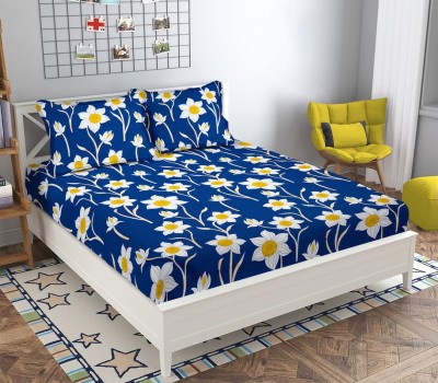 New leaf 180 TC Cotton Double Floral Flat Bedsheet(Pack of 1, Dark Blue)