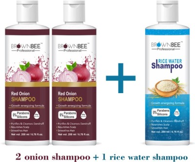 brownbee Fermented 2 Red Onion & 1 Rice Water Shampoo Combo Pack - Strength & Growth Formula - Free from Mineral Oils, Sulphates & Paraben - For All Hair Types (600ml)(3 Items in the set)
