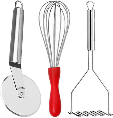 OC9 Stainless Steel Wheel Pizza Cutter & Vegetable Masher / Pav Bhaji Masher / Potato Masher & Plastic Handle Egg Whisk, Beater, Whisker Kitchen Tool Set(Silver, Cutter, Masher, Whisk)