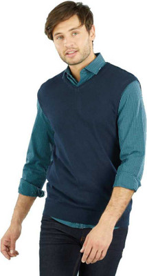 A N Enterprises Solid V Neck Casual Men Reversible Blue Sweater