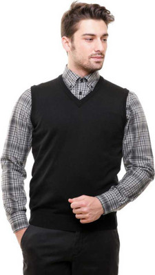A N Enterprises Solid V Neck Casual Men Reversible Black Sweater