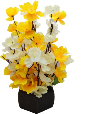 Olive Trees Artificial Cherry Blossom Flower Bunch With Wooden Pot For Home Decoration Yellow, White Cherry Blossom Artificial Flower  with Pot(12 inch, Pack of 1, Flower with Basket)