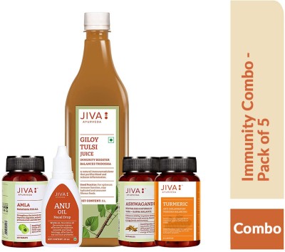 JIVA Immunity Combo - Giloy Juice (1ltr), Ashwagandha Tablets (120 Tablets), Anu Oil (20ml), Amla Tablets (120 Tablets) & Turmeric Capsules (60 Capsules) - Pack of 5(Pack of 5)