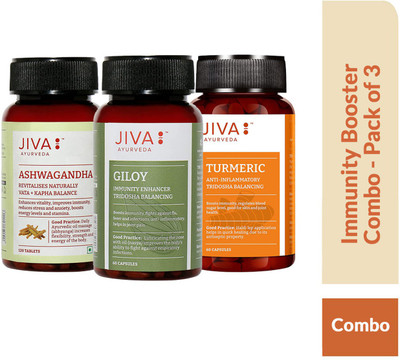 JIVA Immunity Booster Combo - Ashwagandha Tablets (120 Tablets), Giloy Capsule (60 Capsules) & Turmeric Capsules9 60 Capsules)- Pcak of 3(Pack of 3, 240 Tablets)
