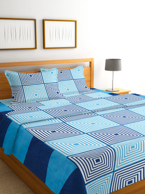 PCZON 180 TC Microfiber Double Checkered Flat Bedsheet(Pack of 1, Blue)