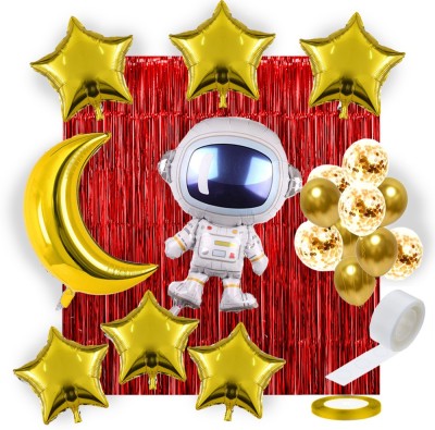 Rozi Decoration Space Party Theme Decor, 1 Astronaut Foil Balloon, 6 Pc Star Balloon, 1 Moon Balloon, 2 Foil Curtains, 12 & 25 Pcs Balloons, 100 Glue Dots & 2 Ribbons | Red(Set of 50)