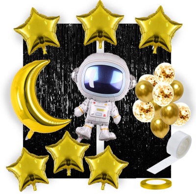 Rozi Decoration Astronaut Theme Birthday Party Decor | Set of 50 for Boys, Girls Birthday- 1 Pc Astronaut Foil Balloon, 6 Pc Star Balloon, 1 Moon Balloon, 2 Foil Curtains, 12 & 25 Pcs Balloons, 100 Glue Dots & 2 Ribbons(Set of 50)