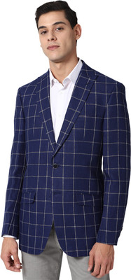 PETER ENGLAND Checkered Single Breasted Formal Men Blazer(Dark Blue)