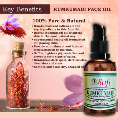 SUFI THE COMPLETE WOMAN New pack Kumkumadi Use 1-2 drops for first two days. Slowly increase drops to 2-3 drops for acne prone skin. Kumkumadi Tailam Face Night Serum Enrich with Kashmiri Saffron, Turmeric, Jojoba Oil, Extracts on Indian Madder and Banyan Tree, Red Sandalwood & Cardamon extracts for