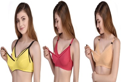 Desiprime Poly Cotton B Cup Feeding Bra Set of 3 Women Maternity/Nursing Non Padded Bra(Yellow, Red, Beige)