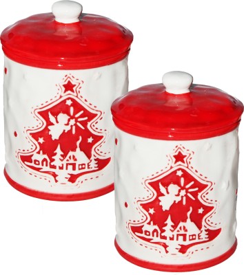 Jades Ceramic Cookie Jar  - 200 ml(Pack of 2, Red, White)