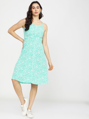 Tokyo Talkies Women Skater Light Green Knee Length Dress