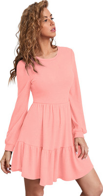 KDS Women Fit and Flare Pink Above Knee/Mid Thigh Length Dress