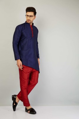 LEMONX Men Solid Asymmetric Kurta(Dark Blue)