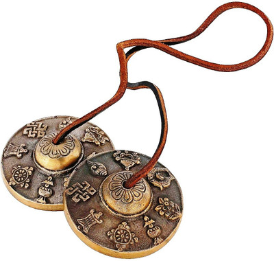 numeroastro Brass Tingsha Bell with Lucky Symbols for Meditation (Tibetan Cymbals) (7.5 Cms Approx) (1 Pc) Brass Pooja Bell(Gold, Pack of 1)